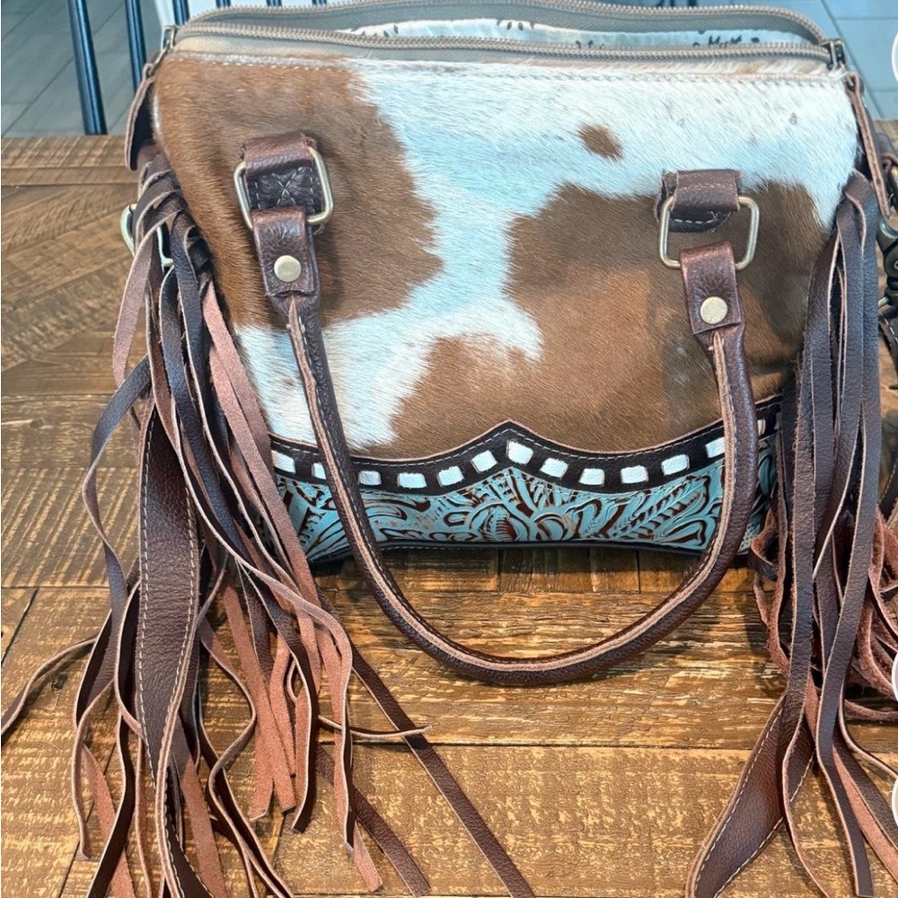 Brown and White Fringe Leather Bag